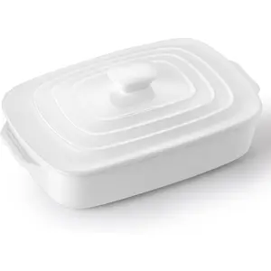 Large Ceramic Casserole Dish with Lid, 4.0 Quart Covered Rectangular Stoneware Baking Dishes for Oven, Deep 9x13 Inch Lasagna Pans for Baking and Serving, Perfect for Christmas Gifts, White