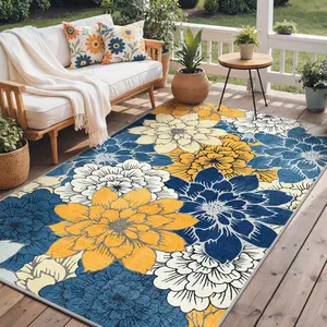 5'x8' Indoor Outdoor Area Rug, Machine Washable Waterproof Non-Slip Easy Cleaning Floral Carpet Mat Navy Blue for Patio Living Room Bedroom RV Balcony Deck Camping