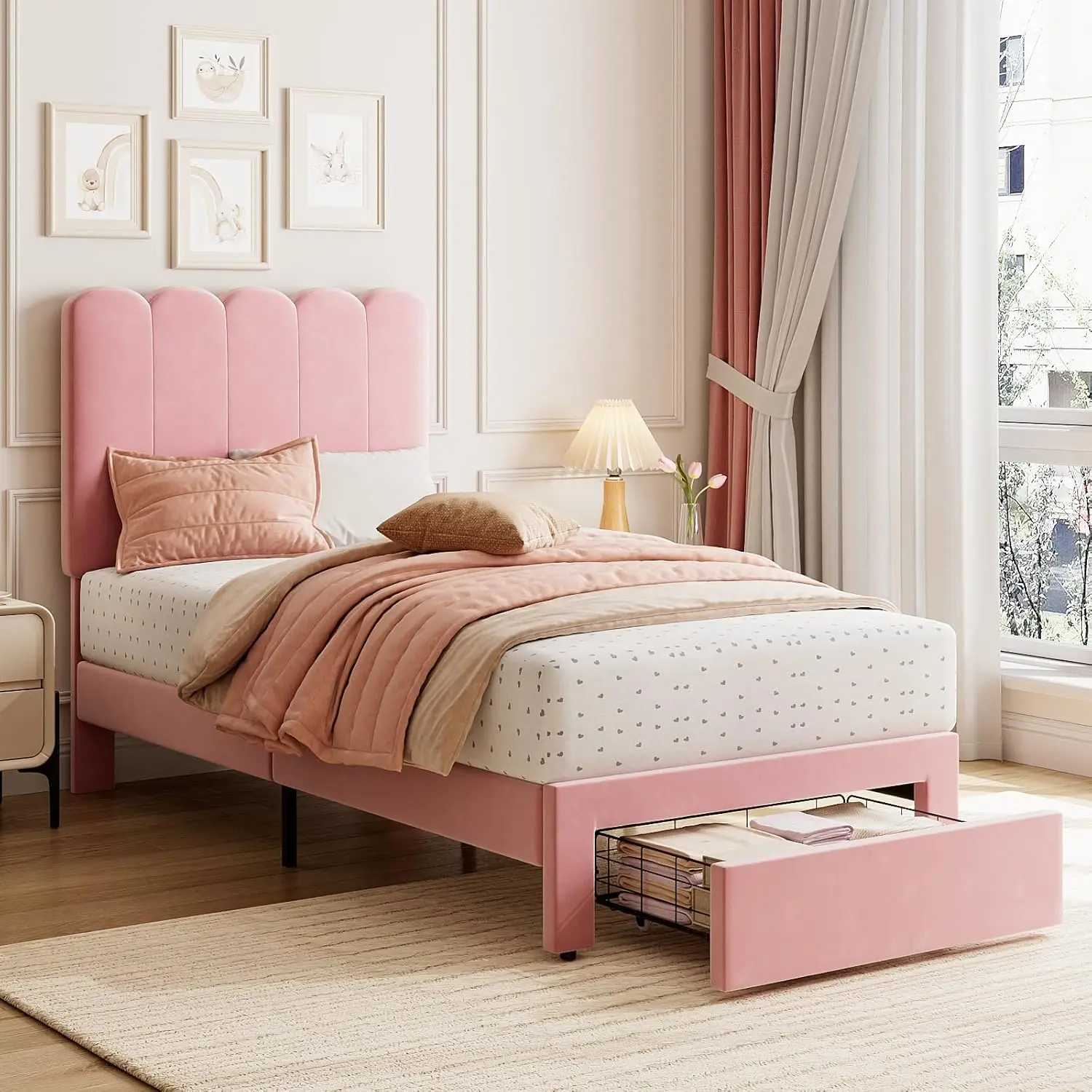 Twin Size Pink Thick Short-Frame Boucle Upholstered Platform Bed Frame - Kids Furniture, Metal Boucle Headboard, Storage Drawer, Strong Wooden Slats Support, Noise-Free, Simple Assembly Required, Indoor Bedroom Furniture, Upholstered Platform Bedframe