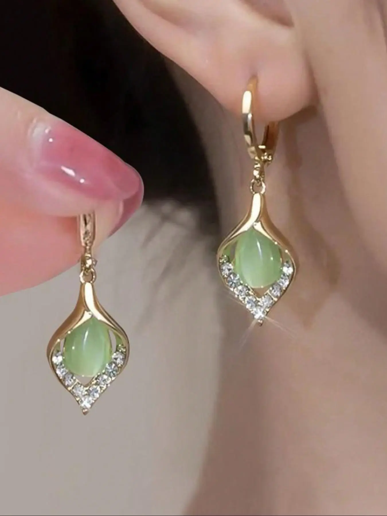 Green Opal & Rhinestone Decorated Dangle Earrings, Dangly Earrings, Fashion Jewelry for Party, Daily Clothing Decor, Trendy All-match Accessories & Exquisite Jewelry for Birthday Gift, Jewelry Gifts, Earrings