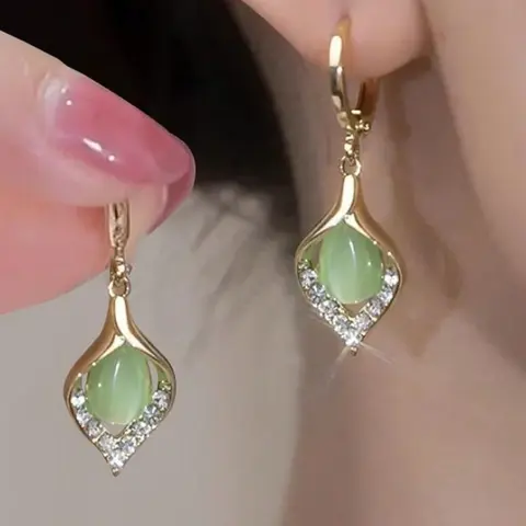 Green Opal & Rhinestone Decorated Dangle Earrings, Fashion Jewelry for Party, Daily Clothing Decor, Trendy All-match Accessories & Exquisite Jewelry for Birthday Gift, Jewelry Gifts, Earrings, Earrings Dangling