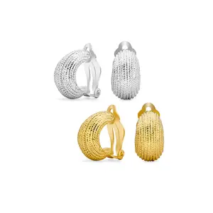 Ribbed Grooved Cable Rope Stripe Shrimp Style Clip On Earrings 14K Gold Plated Rhodium (Set of 2)