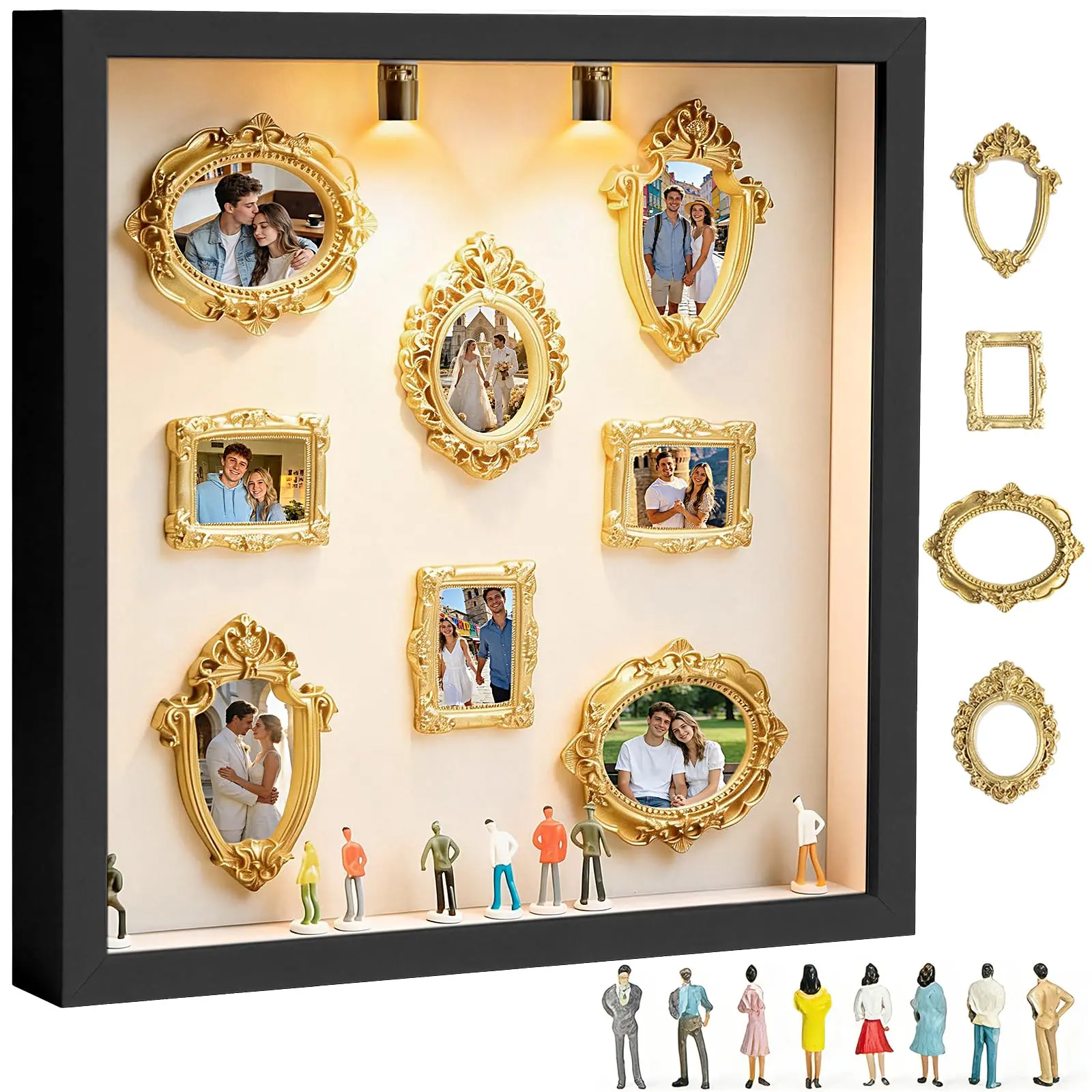 DIY Silhouette Shadow Box Frame Kit – Mini Gold Photo Display with Figurines | Custom Memory Collage Frame for Pictures, Crafts & Home Decor Gift