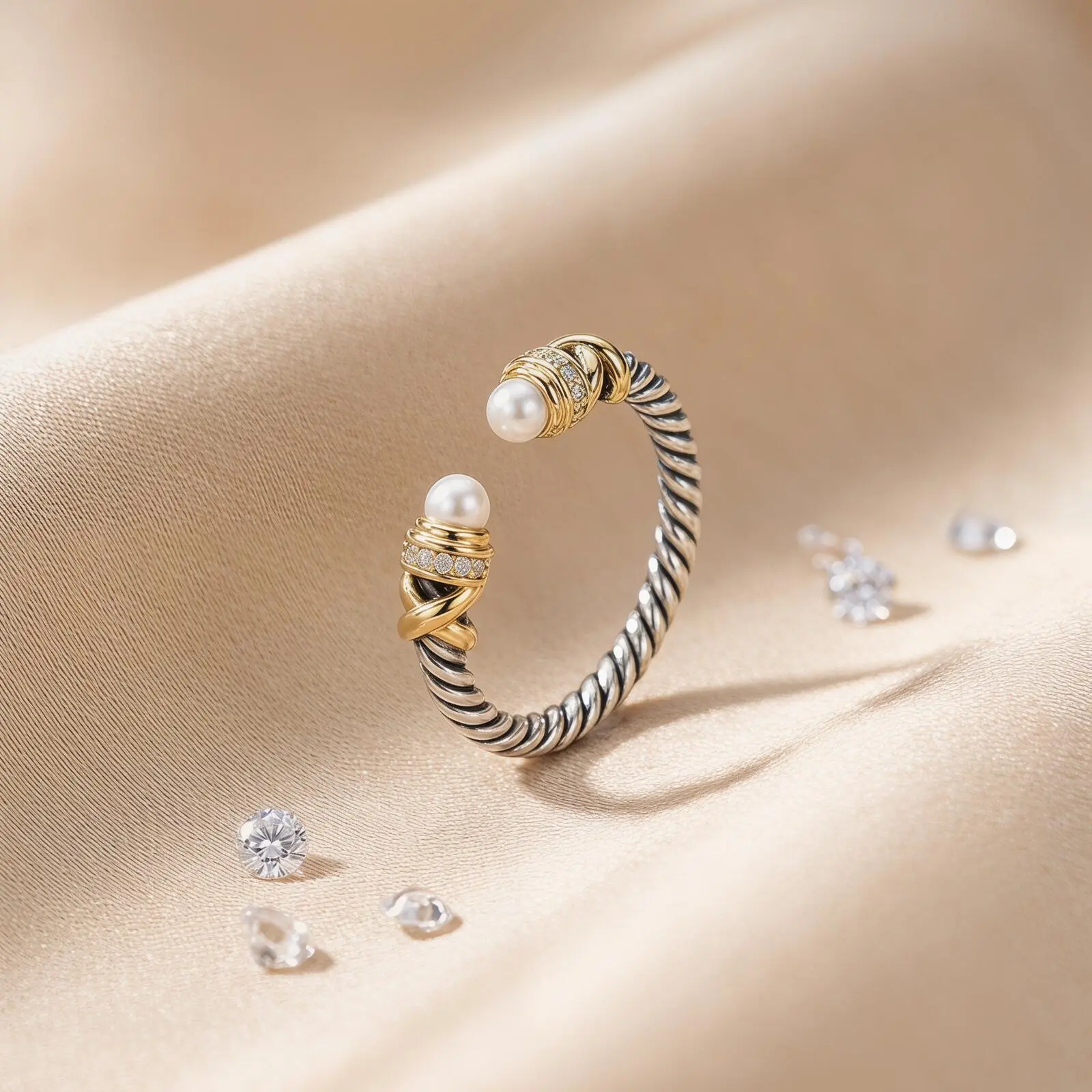 Classic Pearl Open Ring in S925 Sterling Silver, Minimalist Wire-Wound Adjustable Band for Unisex Party & Casual Wear, Adjustable Pearl Wire Winding Open Ring, Jewelry, 1 Piece, Daily, Neutral, Dainty Pearl Rings