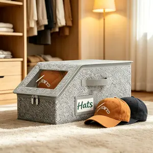 Stackable Baseball Cap Storage with Clear Window Holds Up to 12 Caps, Foldable Hat Box Holder for Closets and Bedroom Shelves