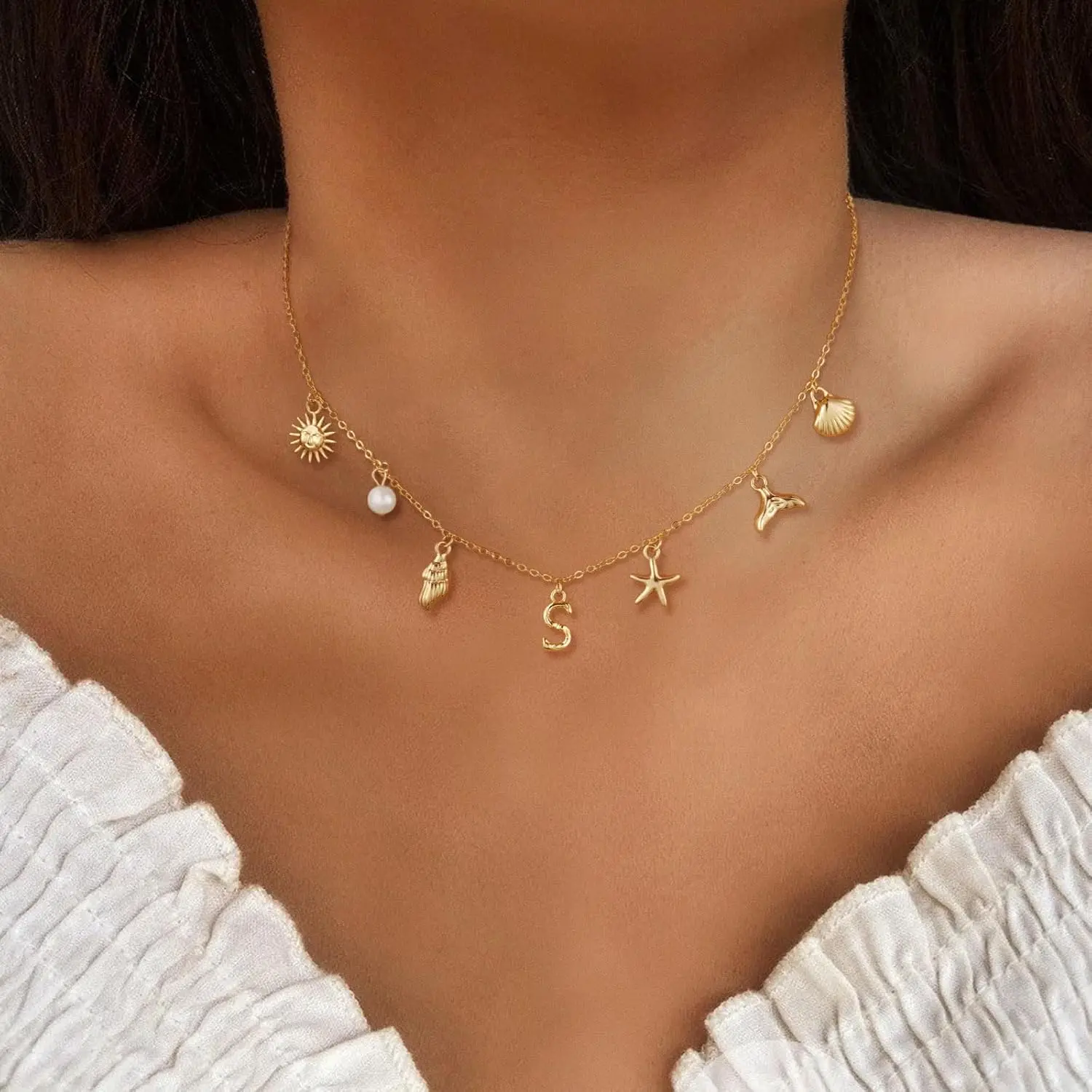 Gold Initial Charm Necklace for Women Shell Letter A-Z Necklace 14K Gold Plated Charm Pendant Necklace Boho Summer Seashell Beach Starfish Surfer Jewelry