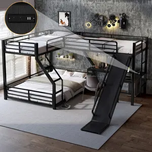 Twin XL Over Queen Bunk Bed Frame with Twin Size Loft Beds, Heavy Duty Triple Bunk Bed with Slide, Charging Station(USB Ports & Outlets), Metal Triple Bunk Beds with L-Shaped Desk