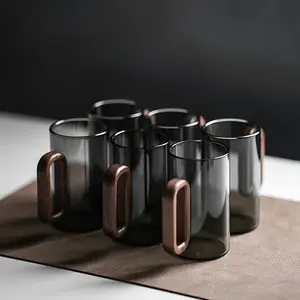 2/4/6pcs Set Perfect Glass Cups with Blue Wooden Handles, 12.85oz High Borosilicate Glass Tea & Coffee Mugs, Leak-Proof, Insulated Drinkware Round Tumbler Smoke Gray