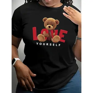 Women'S Valentine'S Day Teddy Bear Love Yourself T-Shirt, Casual Crew Neck Short Sleeve Top, Summer Knit Polyester Blend, Regular Length, Cartoon Pattern - 95% Polyester, 5% Elastane