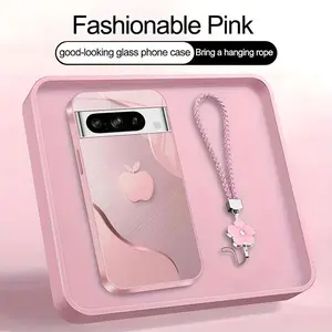 Luxury Faux Brushed Metal Texture Phone Case with Flower Lanyard | Glossy Glass Feel 2D Printed Cover | for [Google Pixel 8 Pro] 952