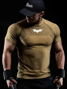 Men's Four-Season Sport Short Sleeve Tight-Fit Shirt, Athletic Shirts, Breathable Quick-Dry Fitness Training Wear, Bat Logo Print Design