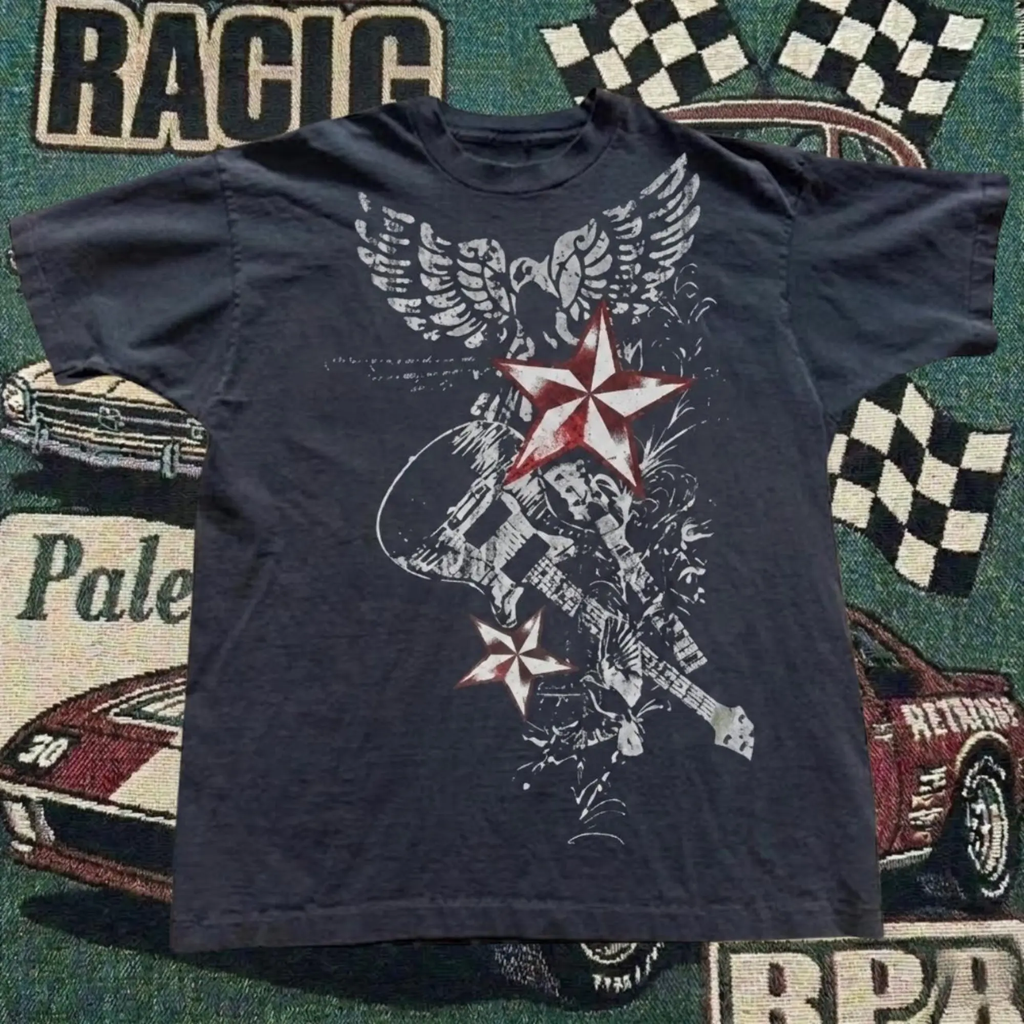 Vintage Y2K Rock Guitar Eagle Stars Graphic T-Shirt - Retro Pop Punk Eagle Tee, Aesthetic 2000s Streetwear Shirt, Graphic T-Shirt 100% Cotton, Unisex Shirt Menswear Womenswear Streetwear Cotton Comfort