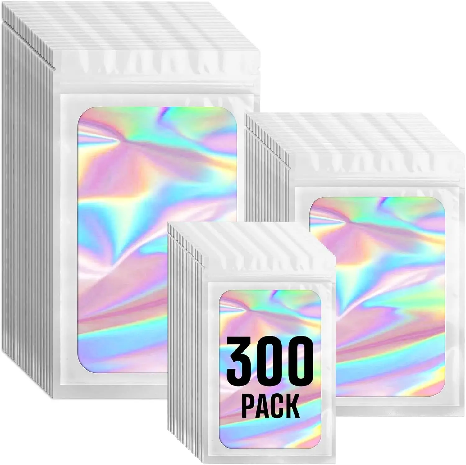300 Pack White Holographic Window Mylar Bags 3 Assorted Sizes, Smell Proof Resealable Foil Zipper Pouches for Food Storage & Small Business Packaging