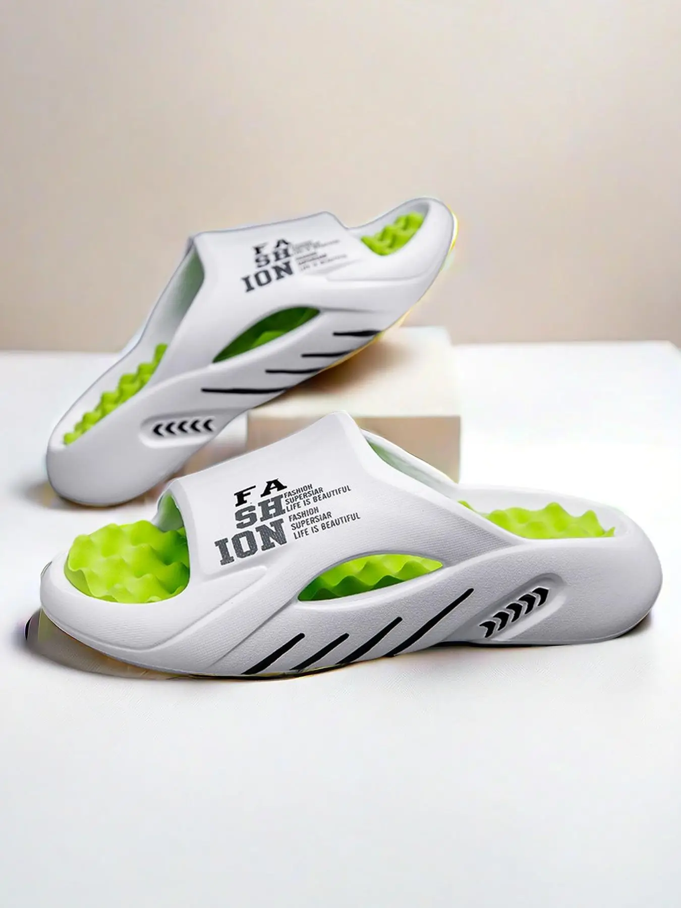 Men's Colorblock Letter Design Hollow Out Slides, Casual Comfortable Breathable Slippers for Summer, Non-slip Slippers for Indoor & Outdoor Wear