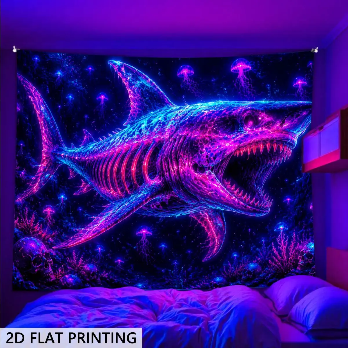 2D Flat - 2D Flat Blacklight Glow in The Dark Tapestry Shark Jellyfish Design Wall Hanging for Bedrooms Living Rooms And Offices. Cyberpunk Indie Style Game Room Decor Festive And Party Decor College Dorm Decor,family,dormitory