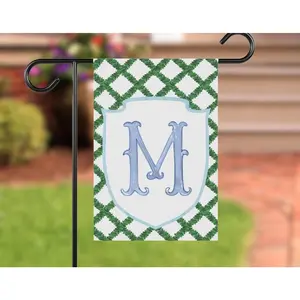 Personalized Boxwood Trellis Crest Garden Flag, Preppy Initial Yard Art, Grandmillennial Decor, Porch Banner, Watercolor Chinoiserie Flag MarysGiftLoft UPA3-2