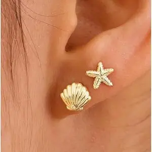 New Starfish Earring Set Copper Plated 14K Shell Stud Earrings European and American Ocean Series Earrings