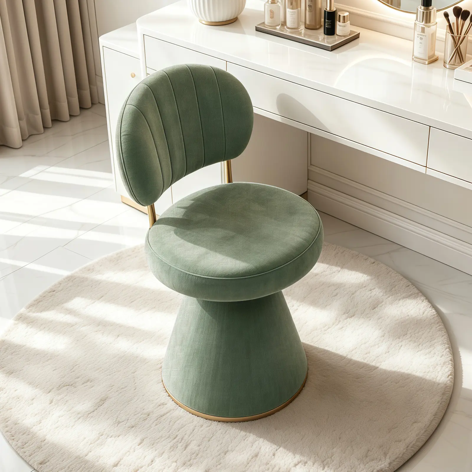 Vanity Chair with Back&Gold Frame, 360°Swivel Vanity Stool for Dressing Room, Comfy Accent Chair No Wheels for Makeup Bedroom,Living Room，Beige：18.1Inch