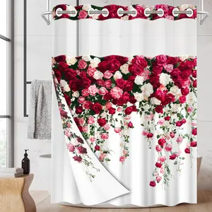 1PC 2D Flat Romantic Hanging Flower Rose Waterfall Shower Curtain, Red Pink White Color Block Floral Design, Waterproof Detachable Liner Bathroom Curtain (No Hooks)