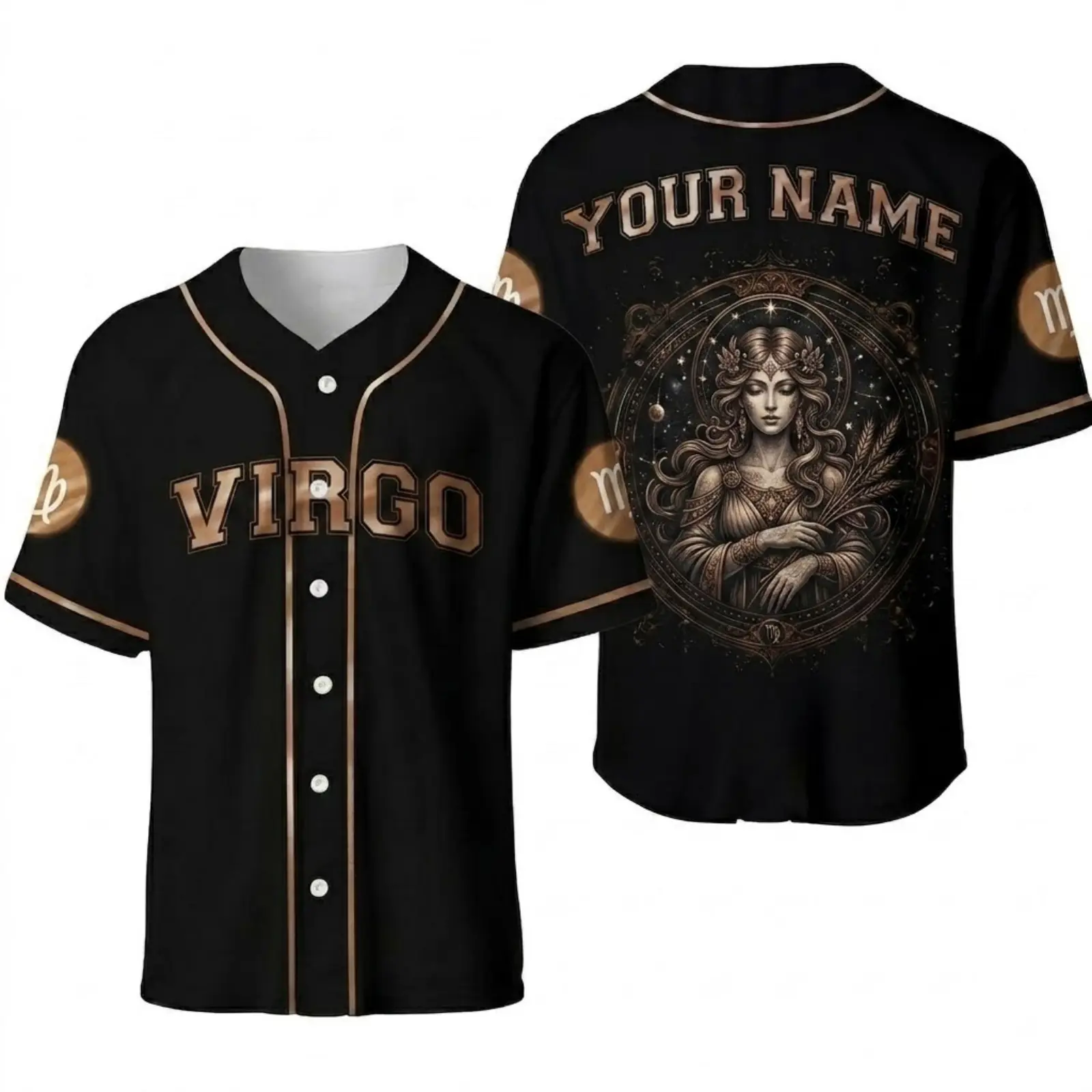 Zodiac Baseball Jersey,Zodiac Sign Jersey Shirt with Astrology Graphic,Personalized Name Baseball Jersey for Aries Taurus Gemini Cancer Leo Virgo Libra Scorpio Sagittarius Capricorn Aquarius Pisces, Black Gold Horoscope Jersey, Birthday Gift for Men Women