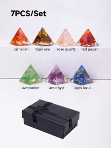 7 Piece Neuro Energy Crystal Pyramid Set, Natural Emerald, Amethyst, Rose Quartz, Handmade Resin, Home Decor, Crystal Ornaments, Meditation, Spiritual Gift, Carnelian Decorative Pieces