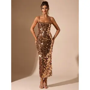 Xingzan Women's Sequin Spaghetti Strap Midi Dress - Gold Backless Glamorous Evening Party Dress with Zipper for Summer Proms & Formal Events