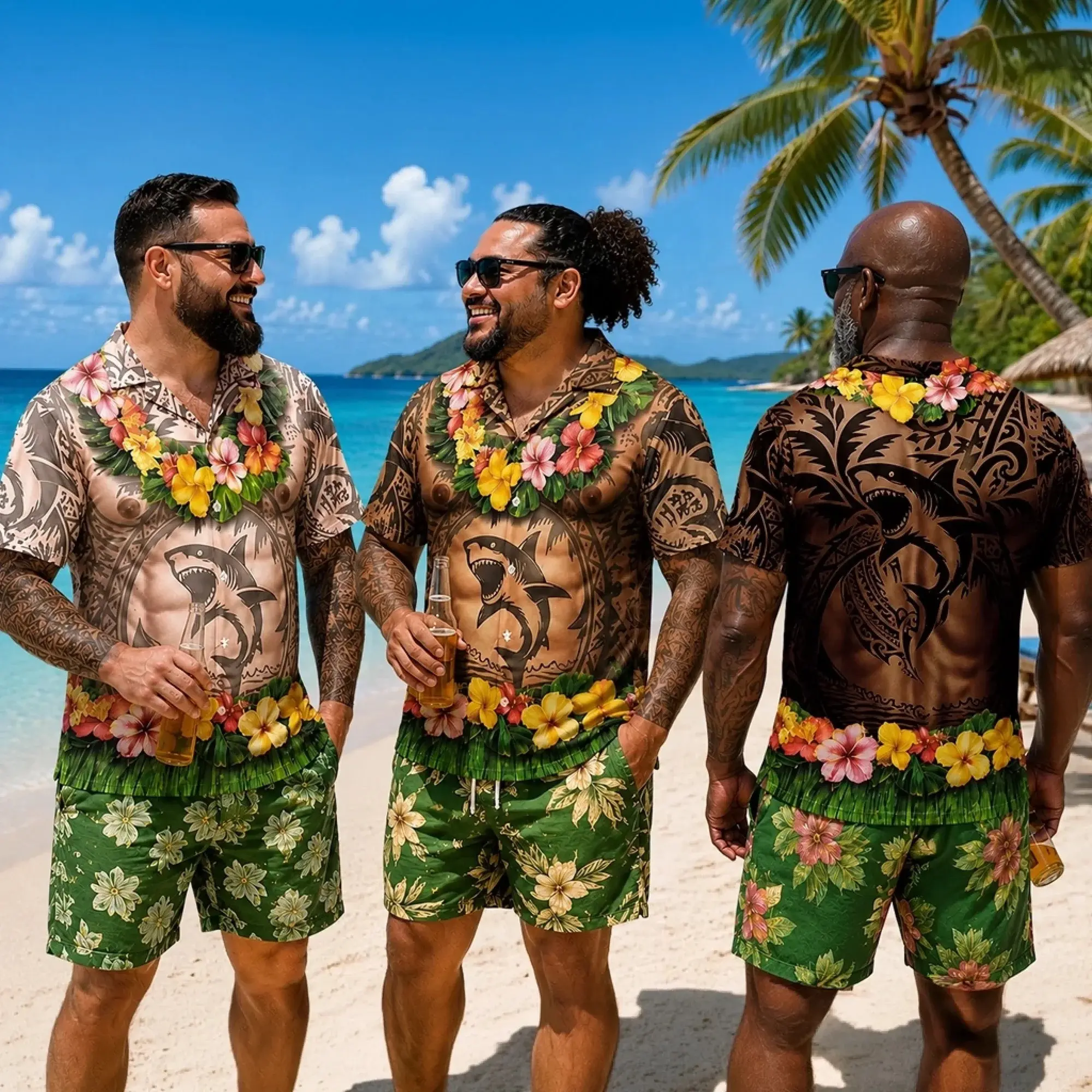 Personalized Hawaiian Shirt, Polynesian Shark Tattoo Hibiscus Island Vacation Design, Gift for Men Dad or Best Friend