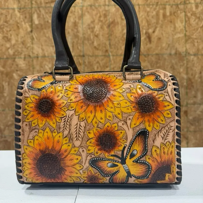 Genuine Hand-Tooled & Painted Leather Medium Speedy Bag with Tooled Butterflies