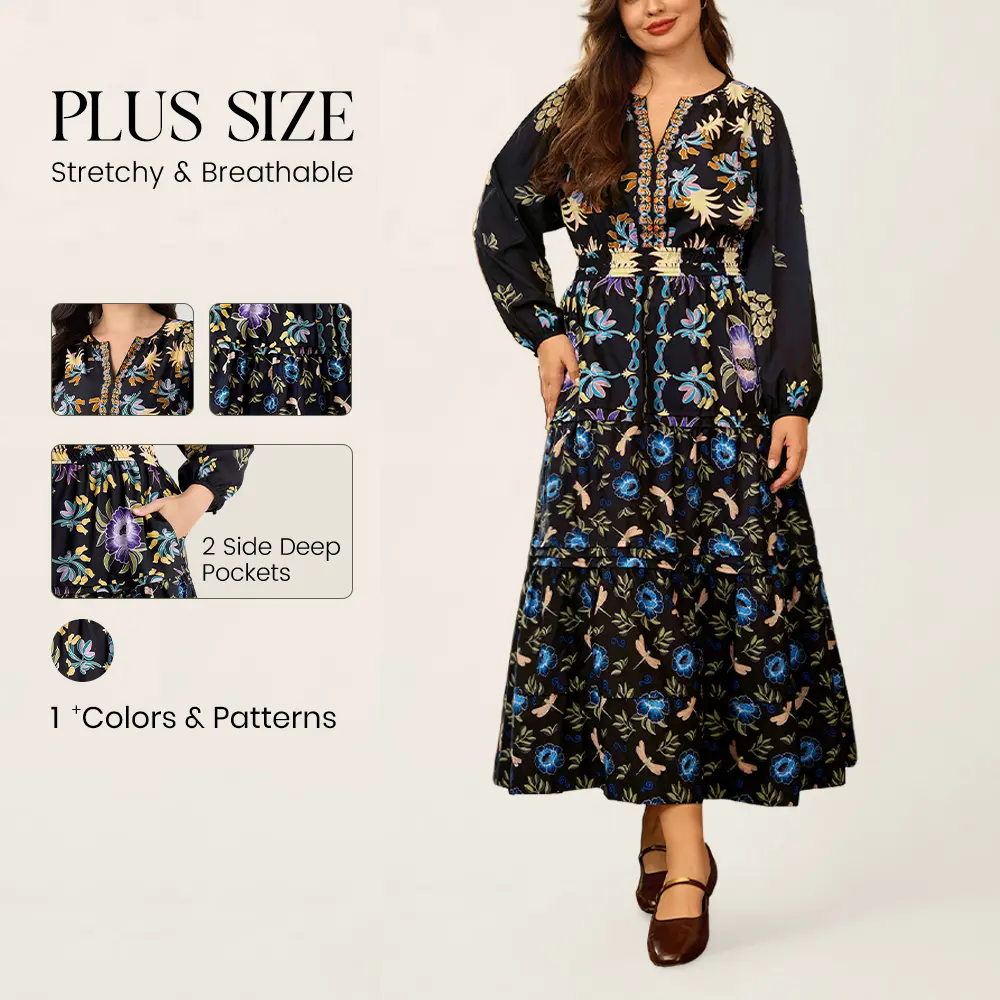 Ritera Plus Size Boho Floral Maxi Dress Long Sleeve Smocked Waist for Autumn and Winter