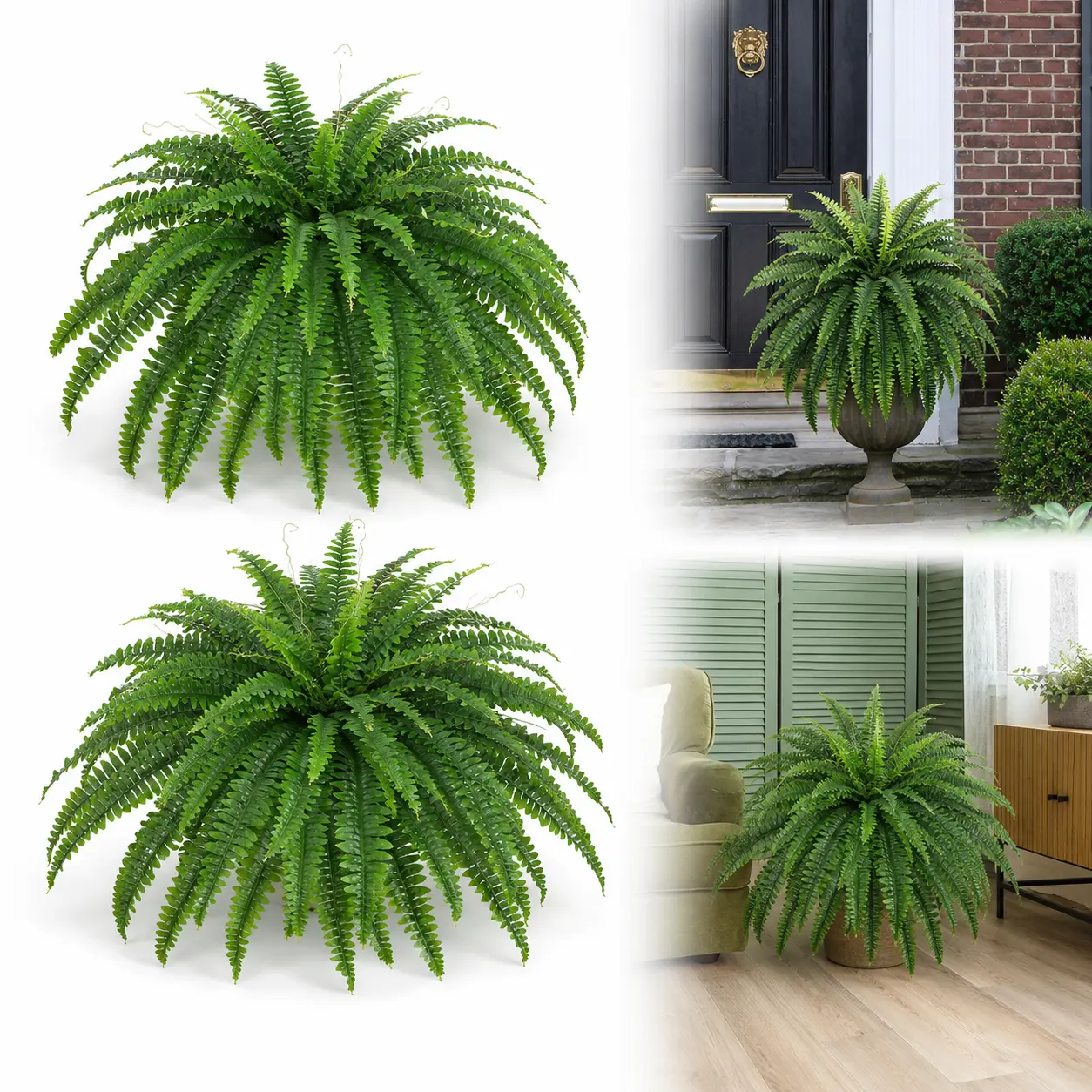 2-Pack Decorative Outdoor Artificial Boston Ferns, 24in Large Faux Fern Bushes (36 Fronds Each), Low-Maintenance Greenery for Busy Homeowners, Porch Window Planter Decor