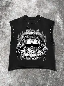 Men's Casual Loose-Fit Sleeveless Tank Top, Gothic Flame Lip Cross Graphic Print, Comfortable Breathable Fabric, Perfect for Gym, Streetwear, Parties