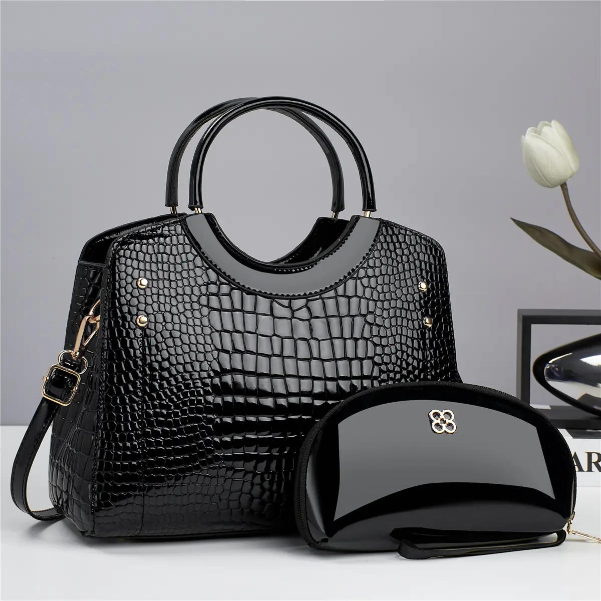 Medium Size Women's Handbags Set with Stylish Crocodile Pattern Design, Glossy PU Leather Appearance, Elegant Top Handles & Adjustable Crossbody Strap