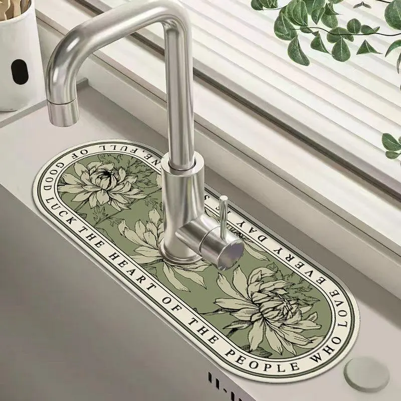 Floral Pattern Faucet Water Absorbing Mat, Splash Guard Pad for Kitchen Sink, Quick-Dry Design, Splash Proof, Suitable for Bathroom & Kitchen Use, Household Items