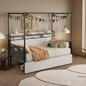 Twin size Canopy Bed with Storage Drawers and Shelves, Modern Metal Twin Daybed Frame with LED Lights and Charging Station, 4-Poster Bed frame with Headboard and Footboard, Noise-Free, White+Black