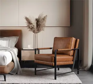 Yaheetech Retro PU Leather Upholstered Lounge Chair Accent Chair Reading Arm Chair with Metal Arms, Removable Seat & Back Cushion