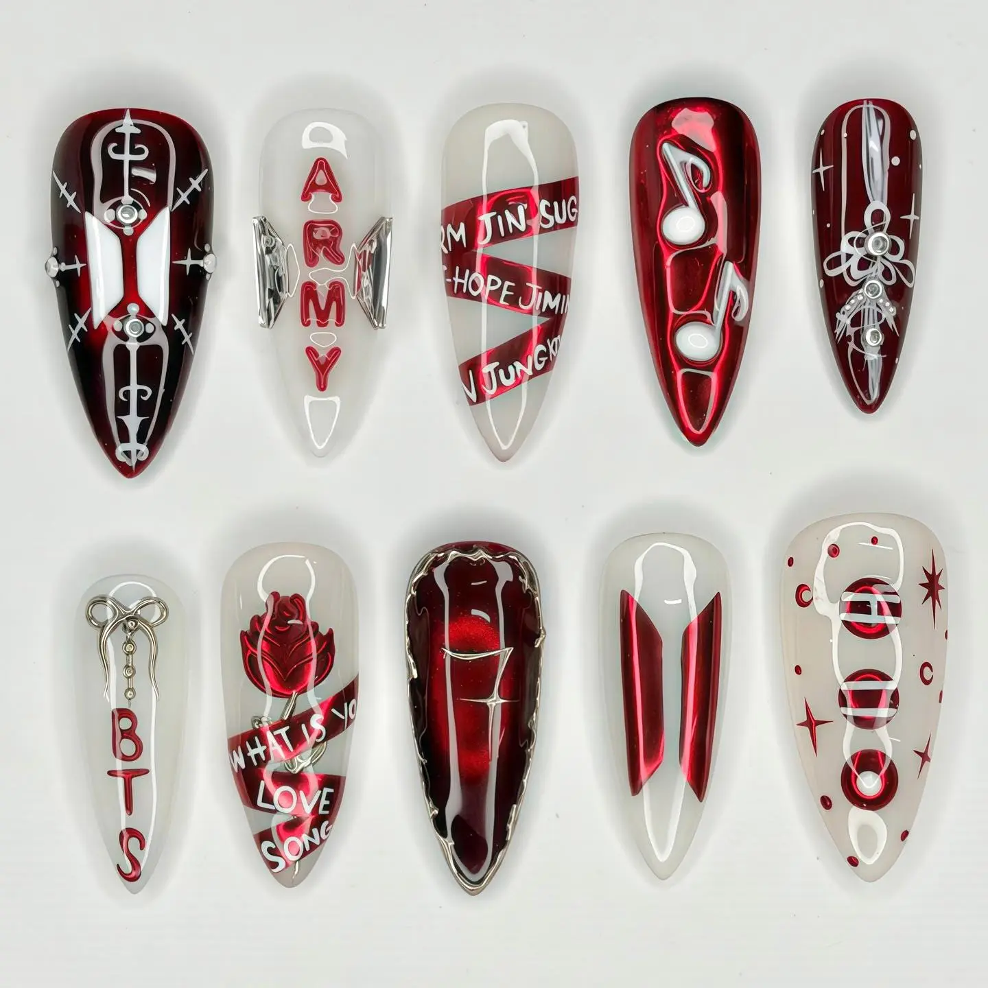 Kpop Concert Press On Nails, Red and White Army Fandom 3D Nail Art, Kpop Concert Nails, Almond Reusable Nails