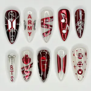 Kpop Concert Press On Nails, Red and White Army Fandom 3D Nail Art, Kpop Concert Nails, Almond Reusable Nails