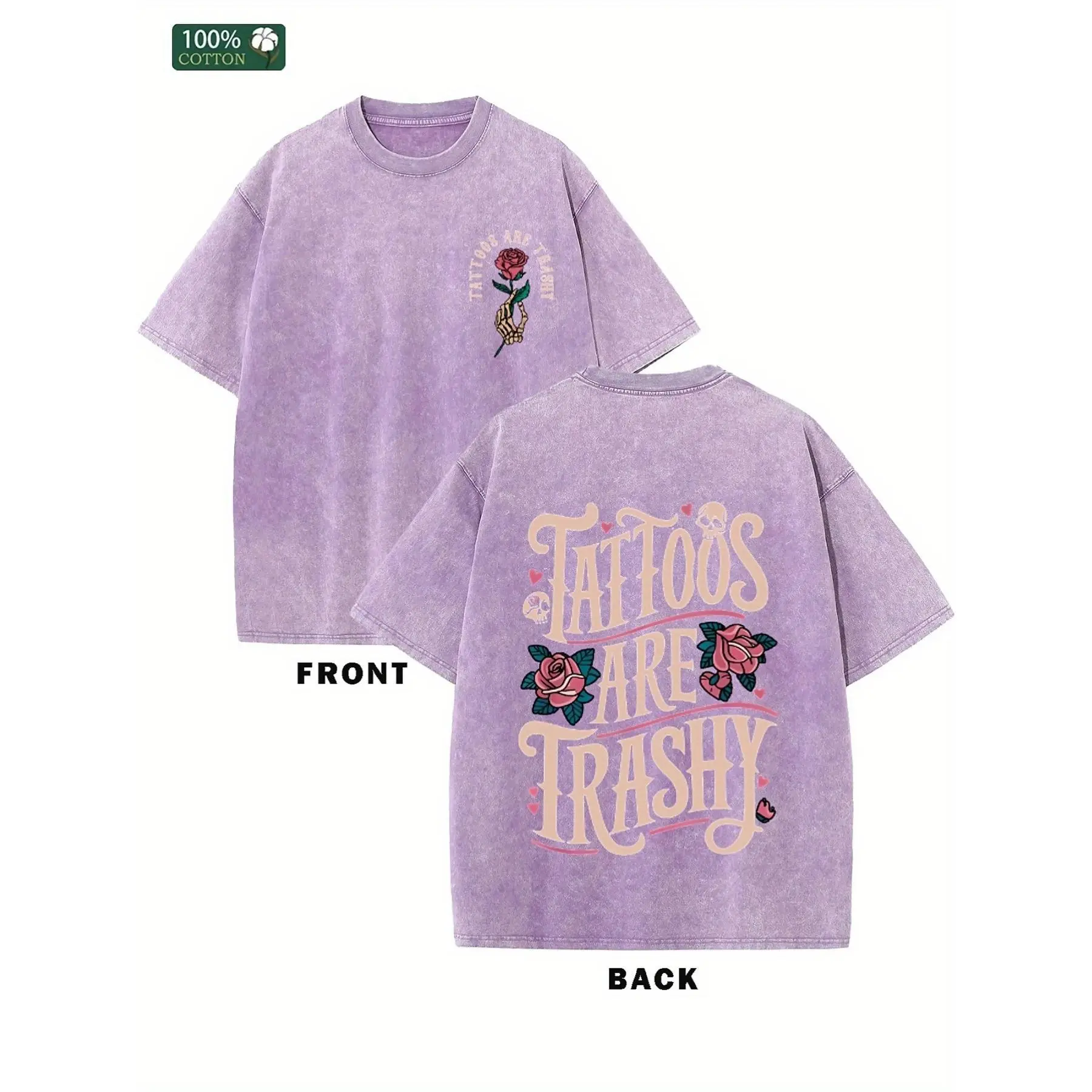 Washed T-Shirt Loose Casual Vintage Men'S T-Shirt Double-Sided Printing Tattoos Are Trashy Pattern Old T-Shirt, Suitable For Gift, Daily Casual And Street Streetwear Crewneck Menswear Tshirt