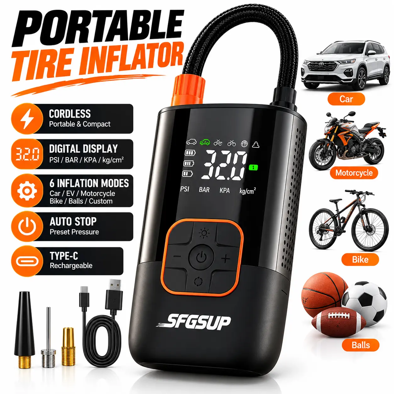 Cordless Portable Tire Inflator Air Compressor - Digital Pressure Gauge, Auto Shut-Off, 6 Preset Modes, Rechargeable for Cars/EVs/Moto, Bikes