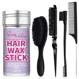 START MAKERS Hair Wax Stick and Slick Back Hair Brush Set for Women Kids Men 5PCS, with Edge Brush, Teasing Brush, Rat Tail Comb & Mini Boar Bristle Brushes for Flyaways, Control, Sleek, Ponytail Buns Colorful Makeup Brush Set with Powder Puff Liquid Touc