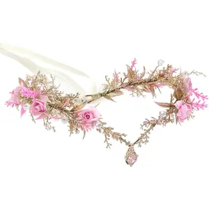 Pink Flower Fairy Crown Elf Floral Headpiece Woodland Circlet for Fairycore Aesthetic Women, Elven Forest Headband for Renaissance Renfaire Cosplay Photo Shoot