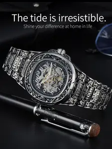 Vintage Floral Hollow Mechanical Watch for Men, Square Automatic Waterproof Night Light Business Casual Watch, Luxury Gift for Boyfriend