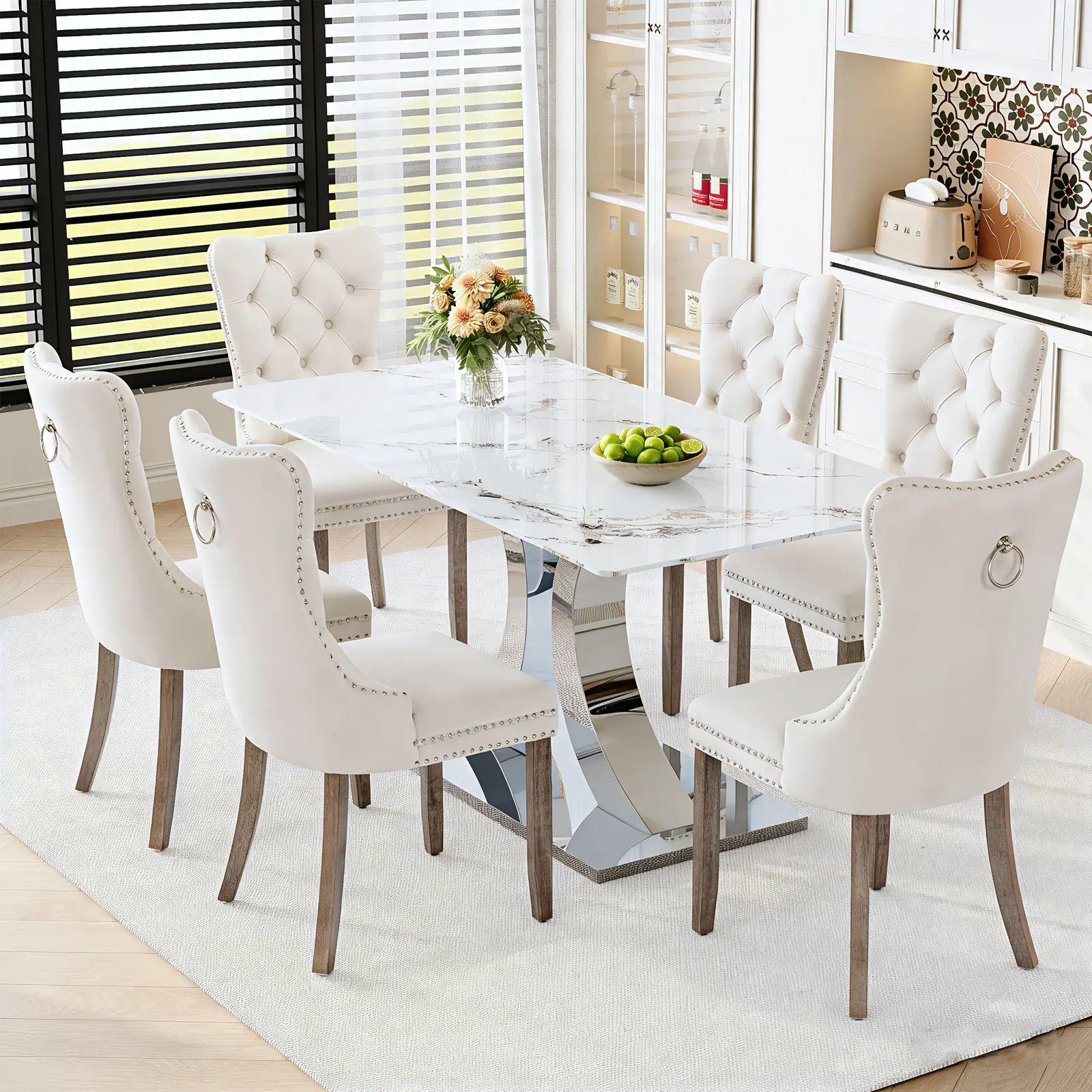 1 Table+6 Beige Solid Wood Legs