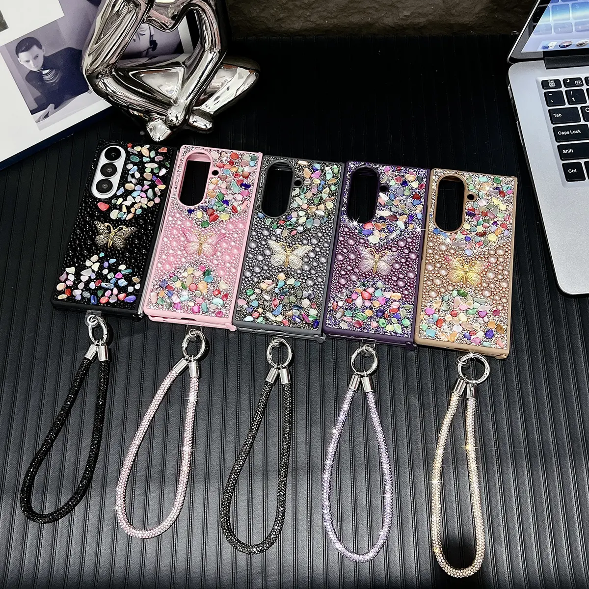 Shine powder pearl butterfly phone case Casing, Decorative Phone Protector, equipped with a bracelet. The hard PC back panel protects the phone case. Suitable for Samsung Galaxy Z Fold7, Z Fold6, and Z Fold5