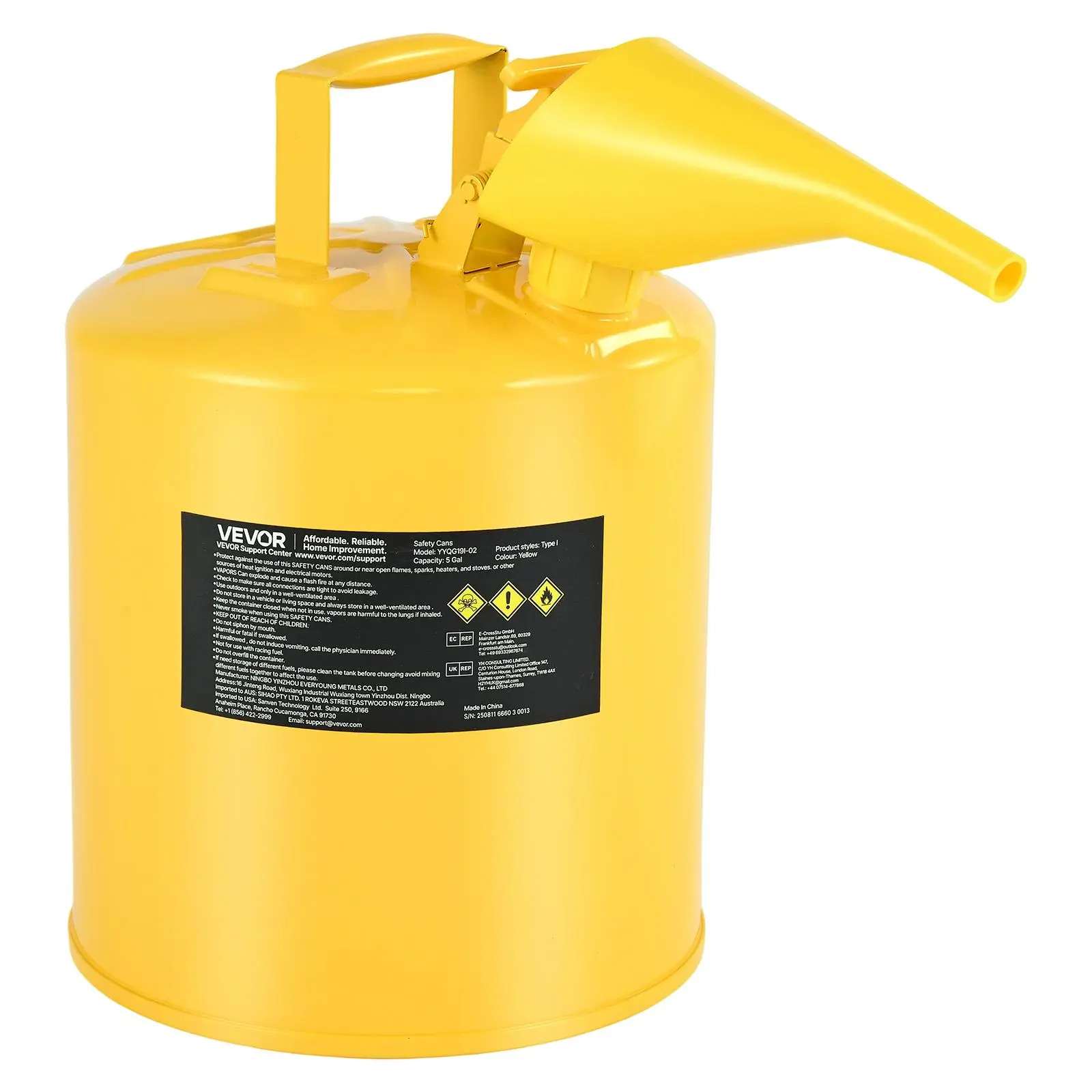 VEVOR Safety Can, 5 Gallon Type I Yellow Safety Can for Diesel with Stainless Steel Flame Arrester, Self-Closing Lid, and PE Funnel, Carbon Steel Flammable Storage Container with Ergonomic Handle#BackToSchool