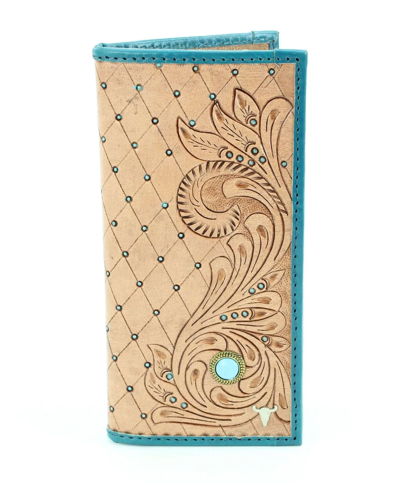 Tan tooled leather wallet with turquoise stone #AB W 07 TAN