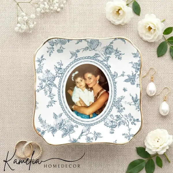 Mother Of The Bride Jewelry Dish Gift, Toile De Jouy Trinket Tray, Custom Mother Photo Ring Dish, Mother Of The Bride Wedding Day Gift From Daughter