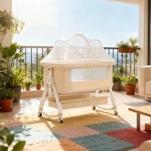 4-in-1 Baby Bassinet Bedside Sleeper - Baby Furniture, Bassinet with Rocking Mode, Portable Foldable Crib with Wheels, 6 Height Adjustments, Breathable Mesh, Soft Mattress, Storage Basket, Removable Mosquito Net, Beige All-Season, Bassinet For Baby