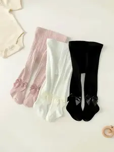 3-piece Soft Breathable Ribbed Tights with Bows, Comfortable Baby Leggings for All Seasons, Fashion Baby Stretchy Tights Set, Soft Comfy Socks