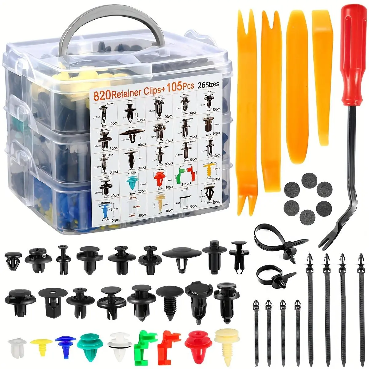 925Pcs Nylon Car Push Retainer Clips & Auto Fasteners Assortment - 26 Popular Sizes Bumper Fender Rivets, 10 Cable Ties, Fasteners Remover, Vehicle Accessories for GM/Ford, Sponge-Cushion Plastic Box for DIY Repair Easy Access